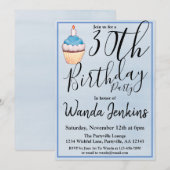 30歳の青いカップケーキの誕生日パーティー 招待状 (正面/裏面)