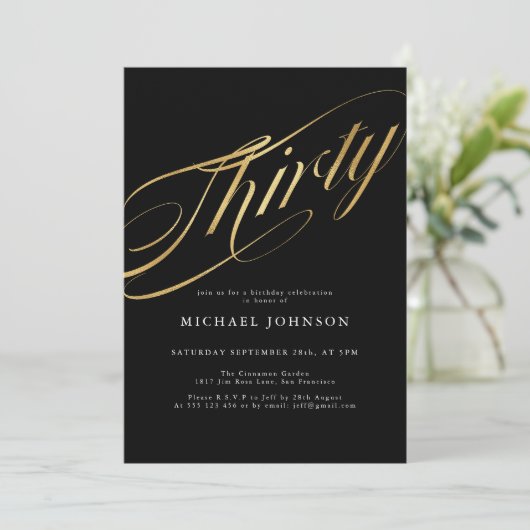 30歳の黒と金ゴールドモダン30歳の誕生日 招待状 (スタンド正面)