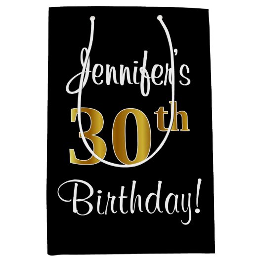 30歳エレガントの誕生日にフェイク金ゴールドを見る ミディアムペーパーバッグ (正面)