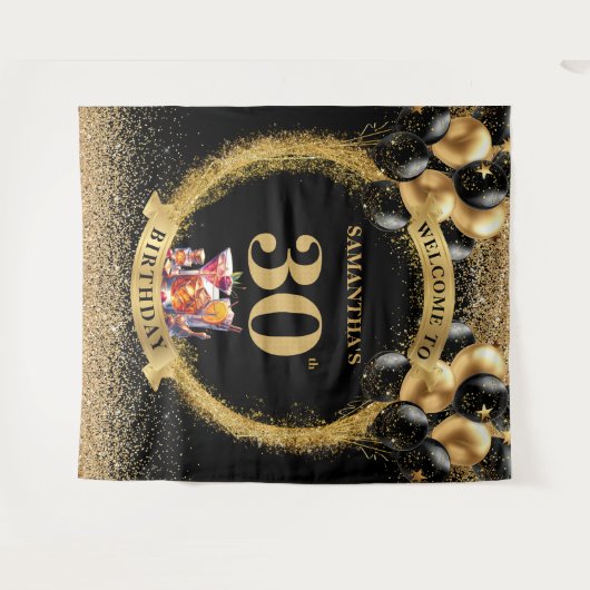 30歳エレガントの誕生日ウイスキーのカクテルの背景 タペストリー (正面(横))