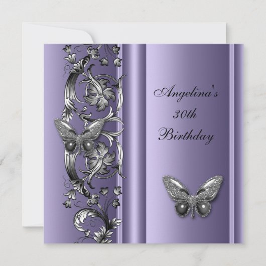 30歳エレガントの誕生日バタフライマウーブシルバーフローラ 招待状 (正面)