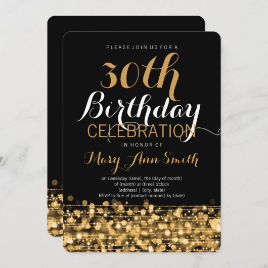 30歳エレガントの誕生日パーティーキラキラ金ゴールド 招待状 (正面/裏面)