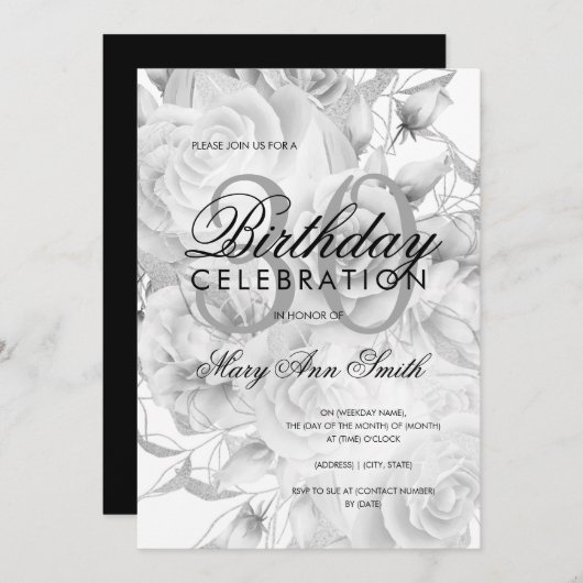 30歳エレガントの誕生日パーティーフローラシルバーホワイト 招待状 (正面/裏面)