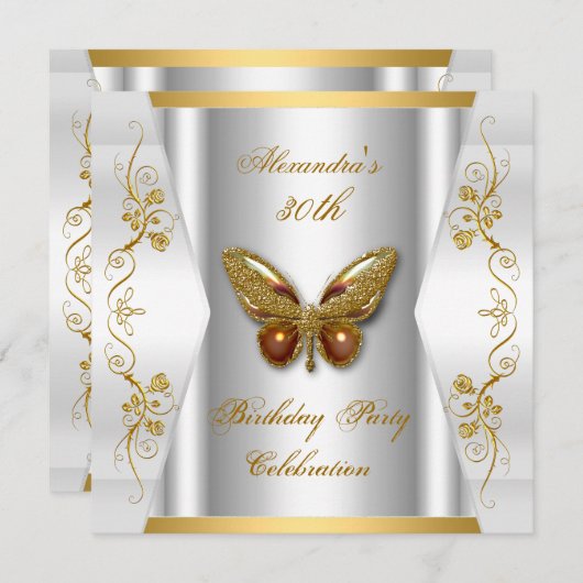 30歳エレガントの誕生日パーティー白金ゴールド蝶 招待状 (正面/裏面)