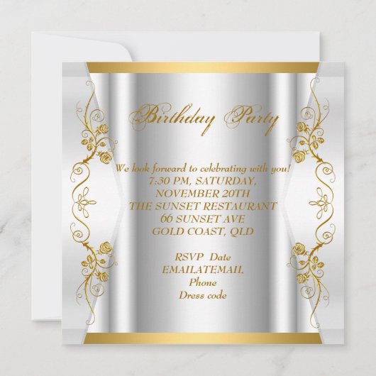 30歳エレガントの誕生日パーティー白金ゴールド蝶 招待状 (裏面)