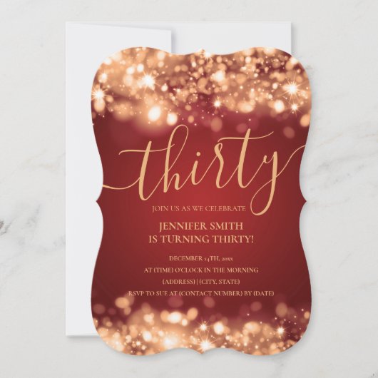 30歳エレガントの誕生日金ゴールド&レッドグラムライト 招待状 (正面)