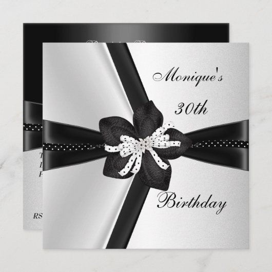 30歳エレガント誕生日パーティー白黒水玉模様 招待状 (正面/裏面)