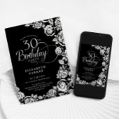 30歳エレガント誕生日ブラックシルバーバラ 招待状