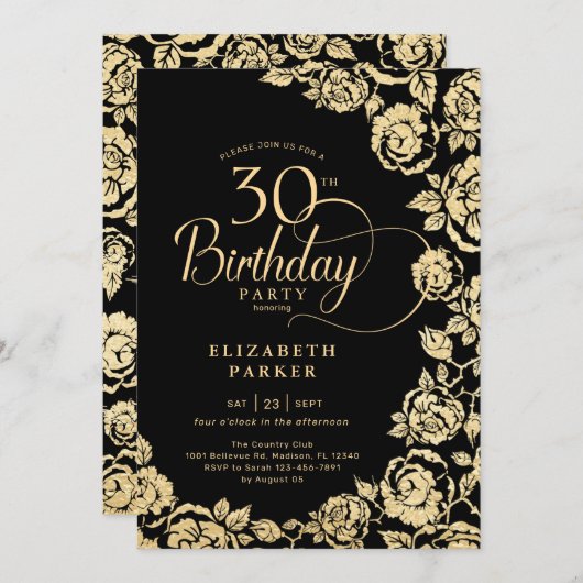 30歳エレガント誕生日ブラック金ゴールドバラ 招待状 (正面/裏面)