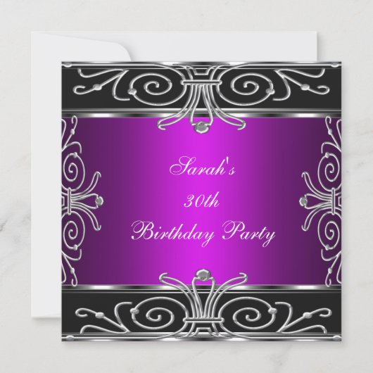 30歳エレガント誕生日マゼンタブラック・シルバー 招待状 (正面)
