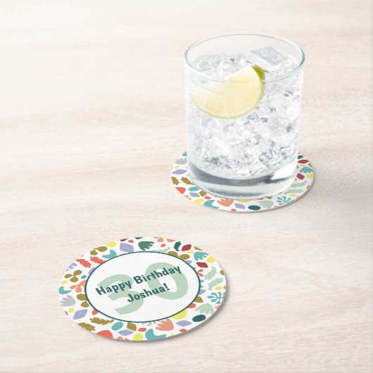 30歳カラフルの誕生日名前をカスタムする ラウンドペーパーコースター (インサイチュ)