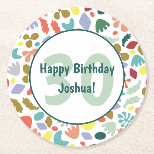 30歳カラフルの誕生日名前をカスタムする ラウンドペーパーコースター (正面)