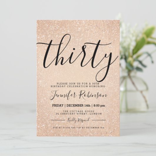 30歳シンプル誕生日バラ金ゴールドグリッター絵を描 招待状 (スタンド正面)