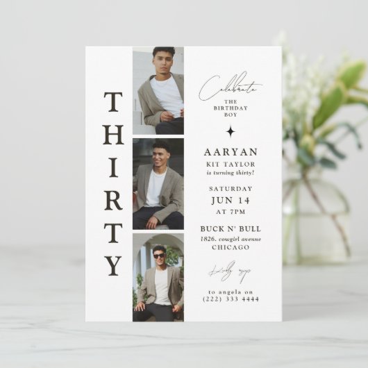 30歳スタイリッシュのフォトストリップ30歳の誕生日 招待状 (スタンド正面)