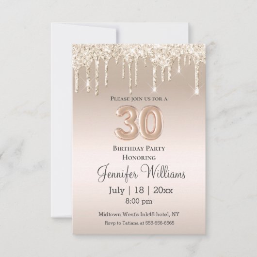 30歳スタイリッシュの誕生日の金ゴールド滴下グリッター 招待状 (正面)