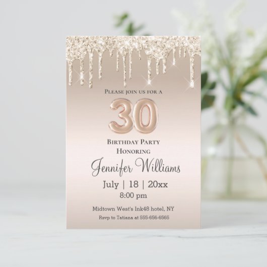 30歳スタイリッシュの誕生日の金ゴールド滴下グリッター 招待状 (スタンド正面)