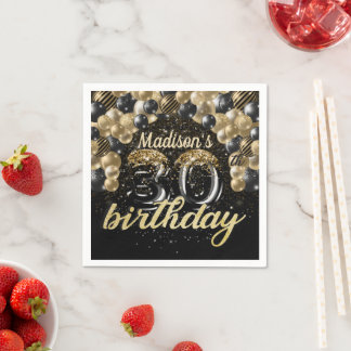 30歳パーソナライズされた誕生日ブラック金ゴールドバルーン スタンダードカクテルナプキン