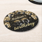 30歳パーソナライズされた誕生日ブラック金ゴールド ラウンドペーパーコースター (アングル)