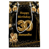 30歳パーソナライズされた誕生日抱き枕ブラック金ゴールド🎉 ミディアムペーパーバッグ (正面)