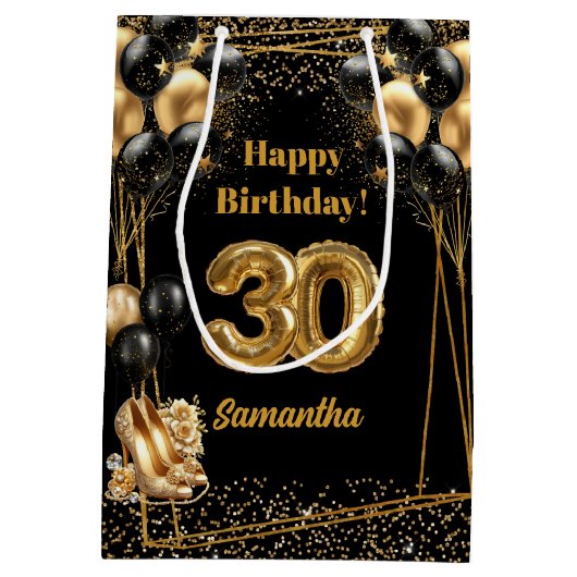 30歳パーソナライズされた誕生日抱き枕ブラック金ゴールド🎉 ミディアムペーパーバッグ (裏面)