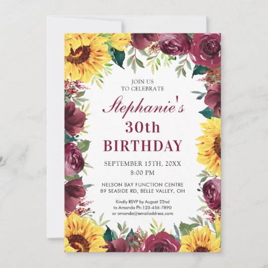 30歳パーティーひまわりバーガンディバラ 招待状 (正面)