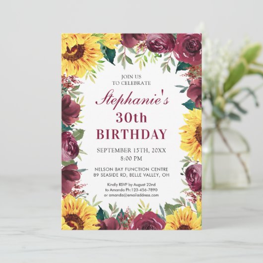 30歳パーティーひまわりバーガンディバラ 招待状 (スタンド正面)