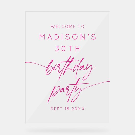 30歳ミニマルの誕生日パーティーピンクの霜の降り歓迎 アクリルサイン (正面)