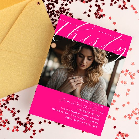 30歳モダンのピンク写真30歳の誕生日の招待状 招待状