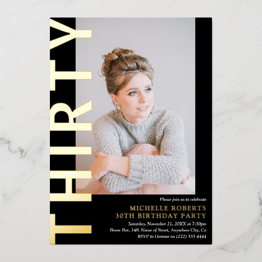 30歳モダンの写真30歳の誕生日パーティの招待状 箔招待状 (正面)