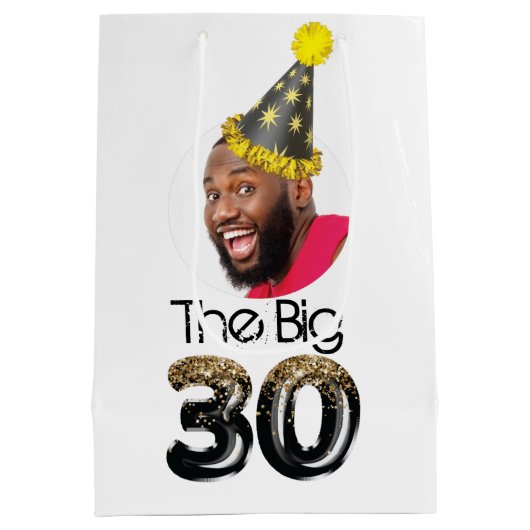 30歳モダンの誕生日の写真パーソナライズされた ミディアムペーパーバッグ (裏面)