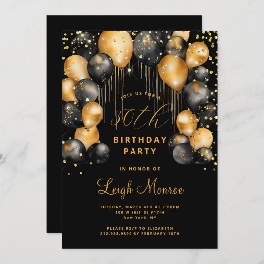 30歳モダンの誕生日パーティーブラック金ゴールド 招待状 (正面/裏面)