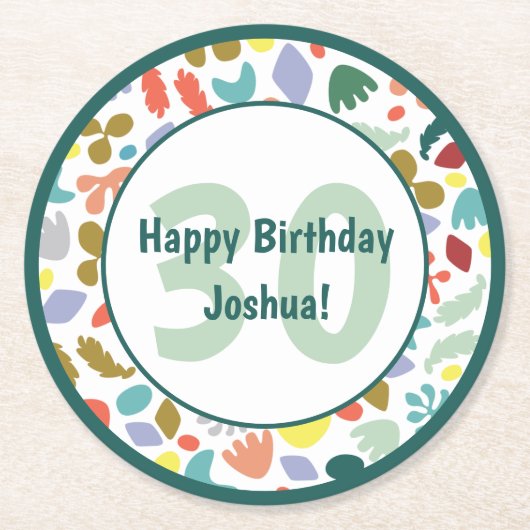 30歳モダンの誕生日名前をカスタムする ラウンドペーパーコースター (正面)