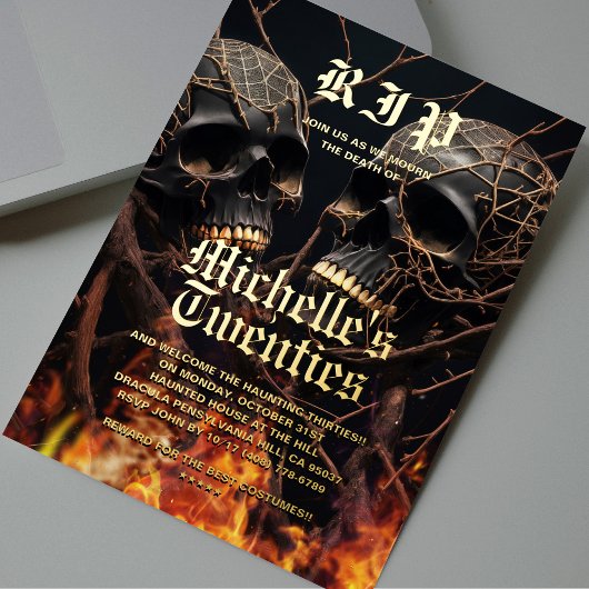 30歳モダン誕生日ハロウィンブラック金ゴールドスカル 箔招待状