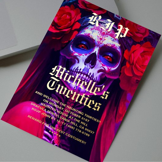 30歳モダン誕生日ハロウィンレッドローズレディスカル 箔招待状