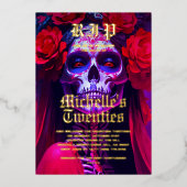 30歳モダン誕生日ハロウィンレッドローズレディスカル 箔招待状 (正面)