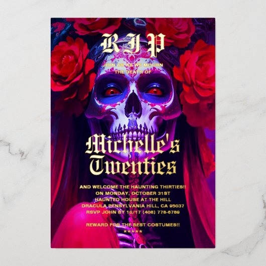 30歳モダン誕生日ハロウィンレッドローズレディスカル 箔招待状 (正面)
