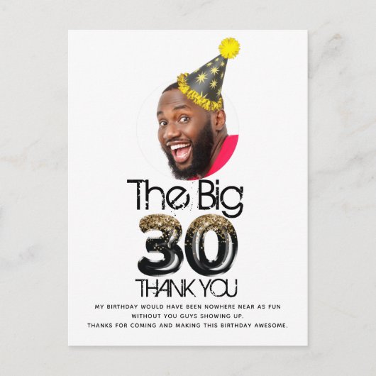 30歳モダン誕生日フォトブラック金ゴールドパーソナライズされた ポストカード (正面)
