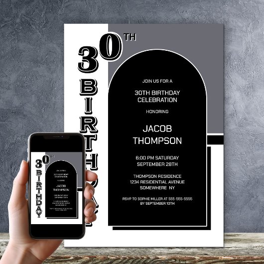 30歳モダン誕生日ブラックアーチパーティー 招待状