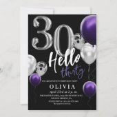 30歳モダン誕生日ブラックシルバーパープルバルーン 招待状 (正面)