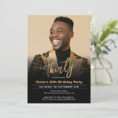 30歳モダン誕生日ブラック金ゴールド写ミニマル真 招待状 (スタンド正面)