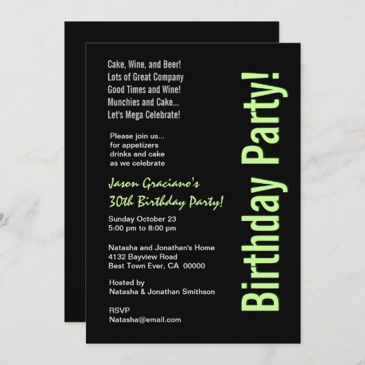 30歳モダン誕生日白黒ライムグリーンW1820 招待状 (正面/裏面)