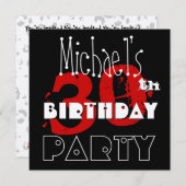 30歳モダン誕生日赤白黒テンプレート 招待状 (正面/裏面)