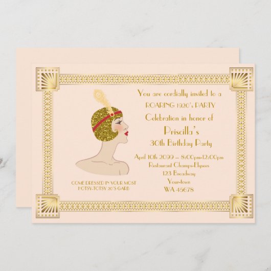 30歳以上,誕生日パーティーの女性,ギャツビー,金ゴールドピンク 招待状 (正面/裏面)