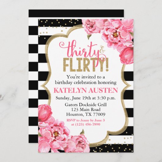 30歳気のあるそぶりをしたとピンクの金ゴールドフローラ30歳 招待状 (正面/裏面)