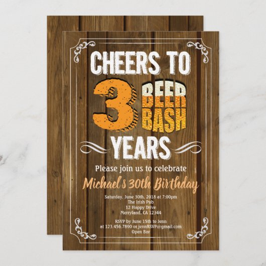 30歳素朴誕生日の30番ウッド 招待状 (正面/裏面)