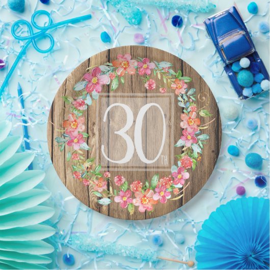 30歳誕生日の田舎の木の水彩の花 ペーパープレート (パーティー)