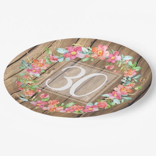 30歳誕生日の田舎の木の水彩の花 ペーパープレート (アングル)