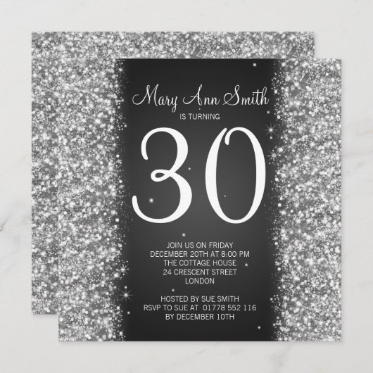 30歳誕生日パーティーきらめくグリッターブラック 招待状 (正面/裏面)