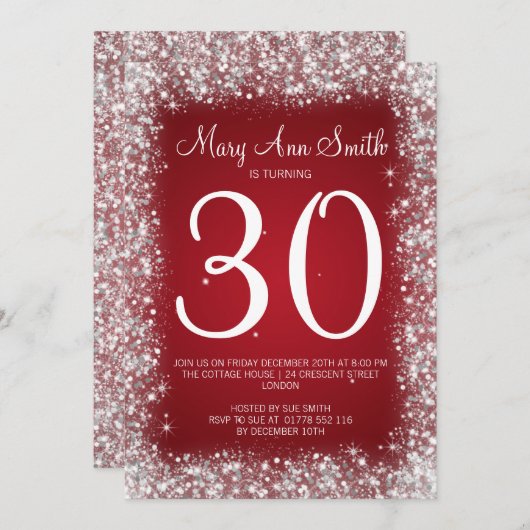 30歳誕生日パーティーきらめくグリッターレッド 招待状 (正面/裏面)