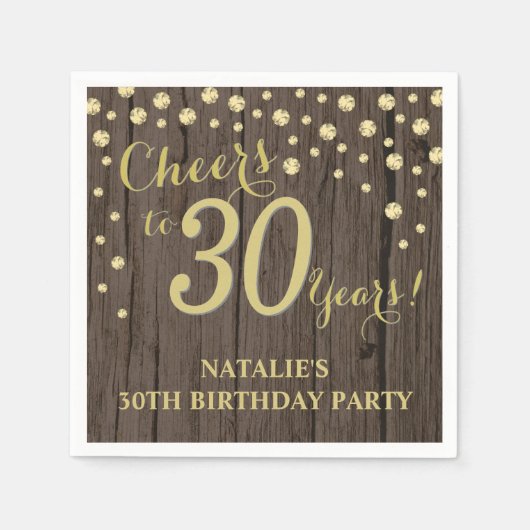 30歳誕生日パーティーウッ素朴ド&金ゴールドダイアモンドN スタンダードカクテルナプキン (正面)